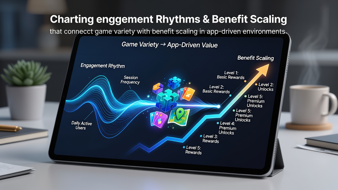 Mobile app interface displaying varied game modes alongside progressive reward tiers and engagement metrics
