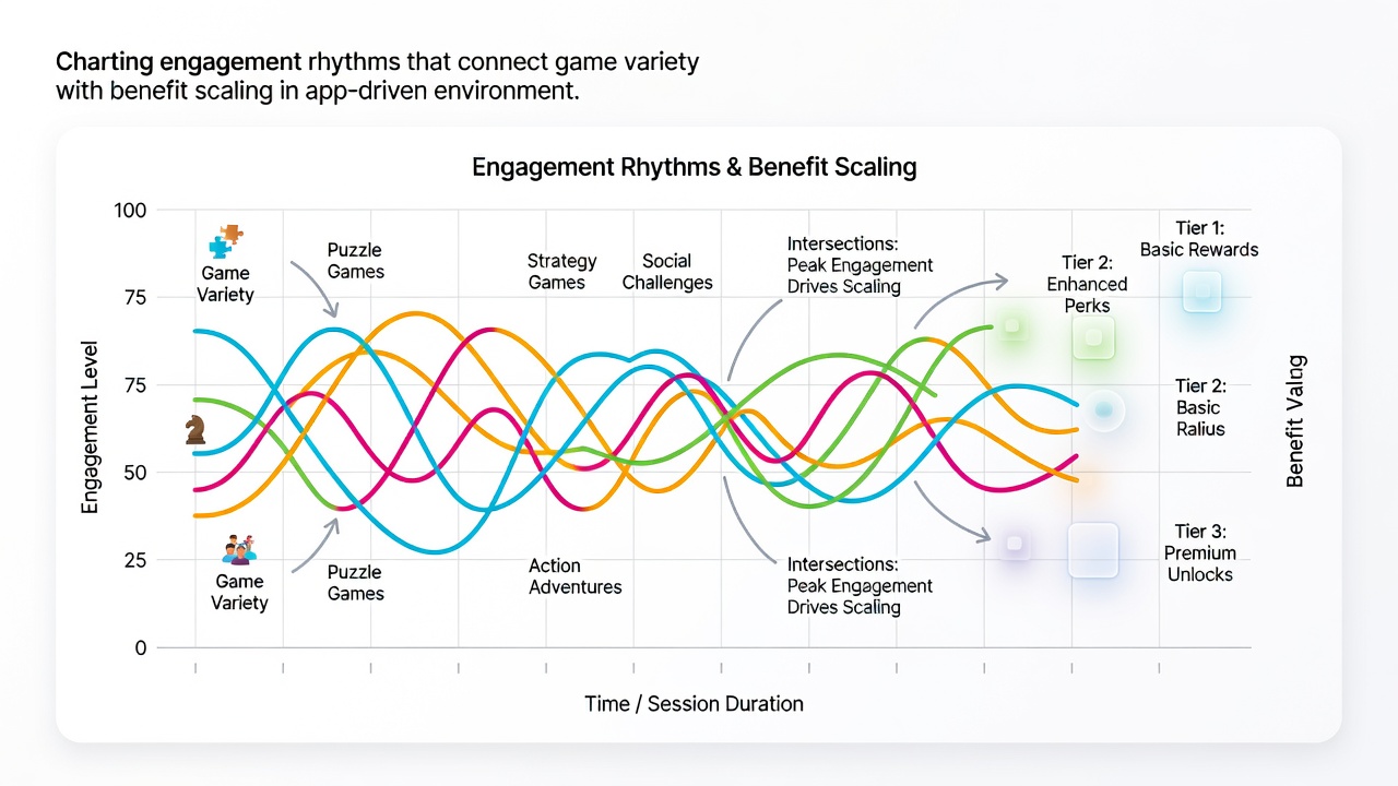 Analytics dashboard illustrating game variety metrics connected to tiered benefit progression in a mobile application