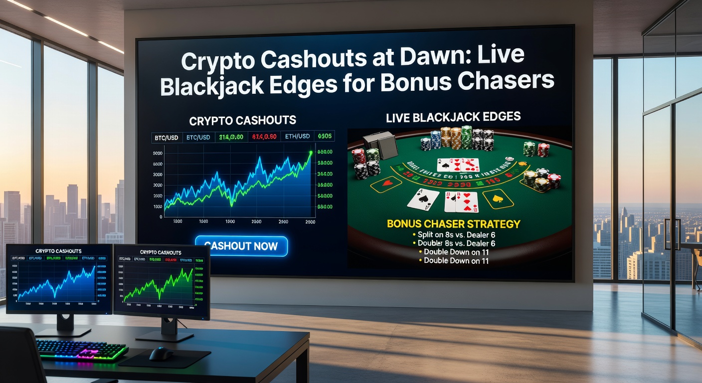 Digital illustration of a blackjack table at dawn with cryptocurrency symbols glowing in the early light, representing quick cashouts and strategic edges