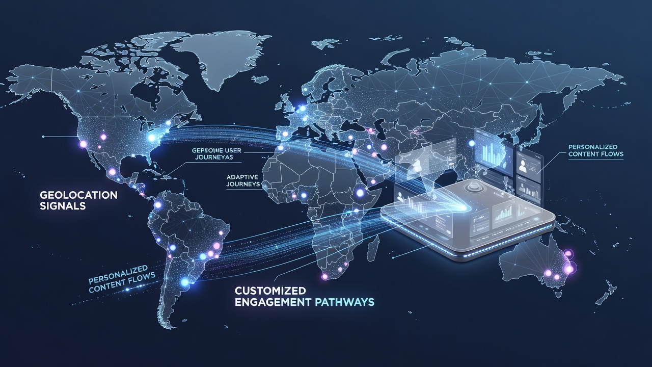 Dashboard visualization of geolocation analytics driving personalized content recommendations on digital entertainment platforms
