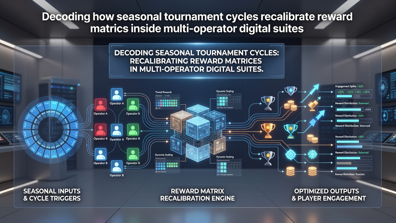 Digital interface showing seasonal tournament brackets and reward point adjustments across connected casino platforms