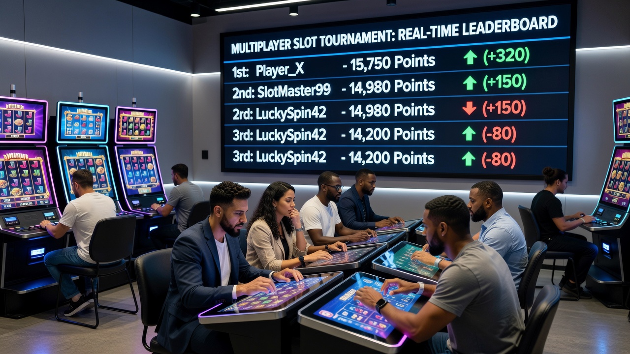 Real-time leaderboard interface displayed on multiple mobile devices during a multiplayer slot tournament