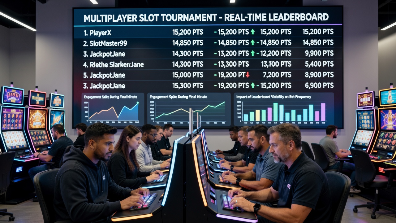 Close-up view of a live leaderboard showing shifting player positions and point totals in a slot tournament