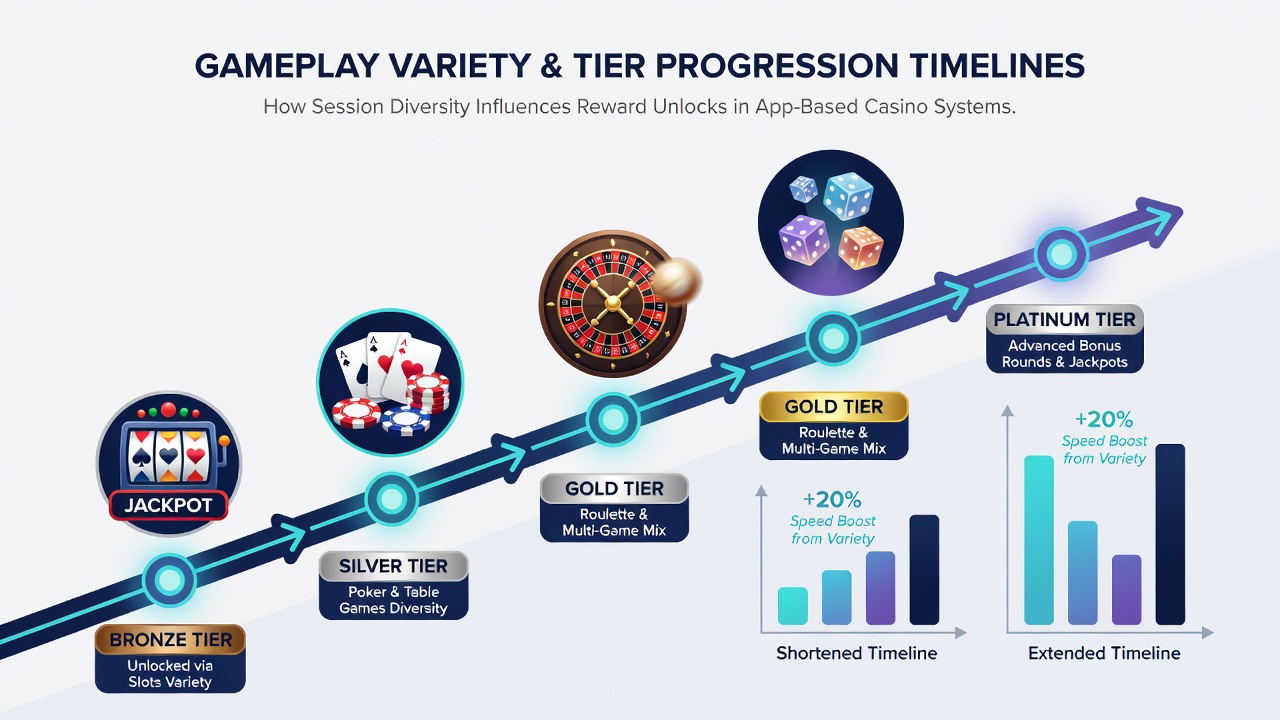 Analytics dashboard displaying tier progression timelines correlated with gameplay variety metrics